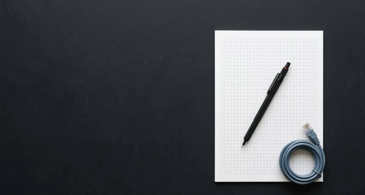 Feuille quadrillée avec stylo et câble ethernet sur bureau sombre — checklist audit informatique PME