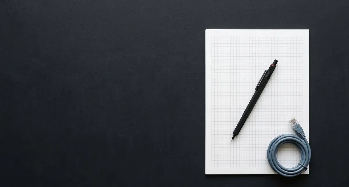 Feuille quadrillée avec stylo et câble ethernet sur bureau sombre — checklist audit informatique PME