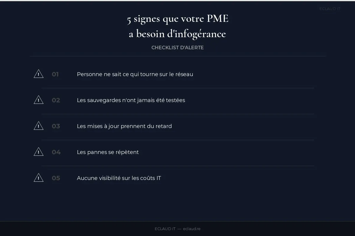 Infographie : les 5 signes d'alerte indiquant qu'une PME a besoin d'un contrat d'infogérance — checklist visuelle