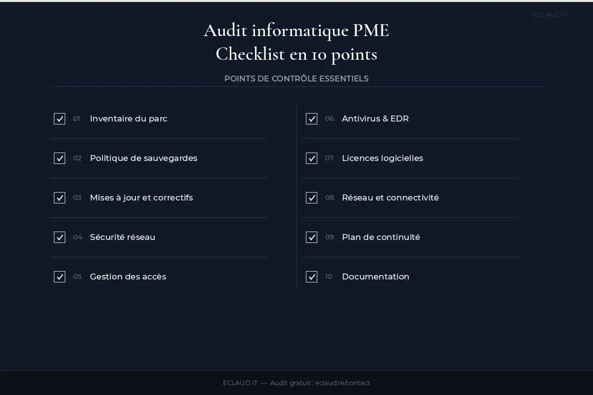 Infographie : checklist audit informatique PME en 10 points — inventaire, sauvegardes, sécurité, réseau, documentation