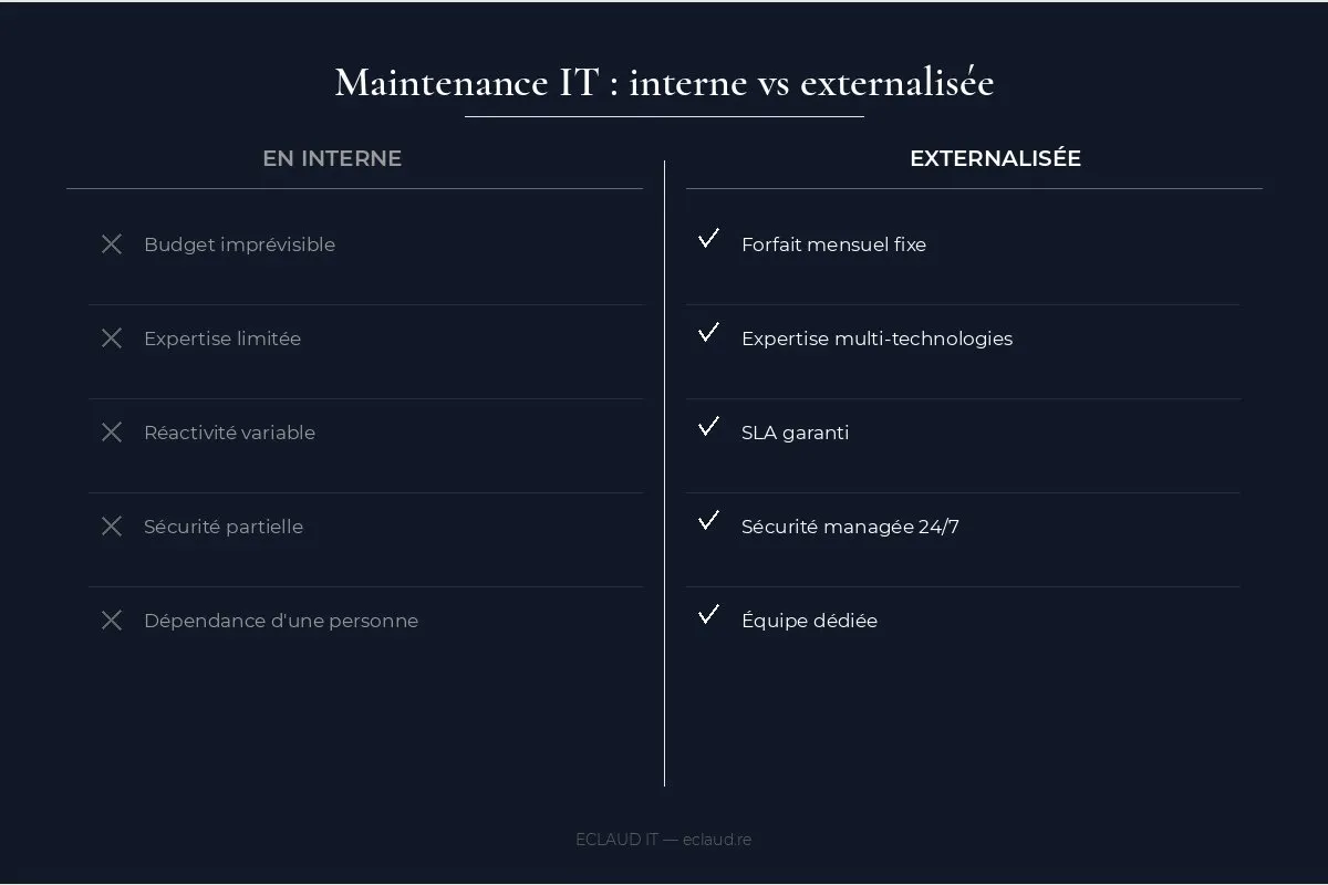 Infographie comparatif : maintenance informatique interne vs externalisée — budget, expertise, réactivité, sécurité