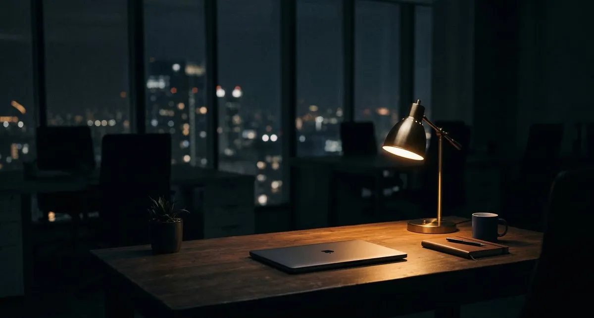 Bureau vide la nuit avec laptop et lampe — externaliser la maintenance informatique PME