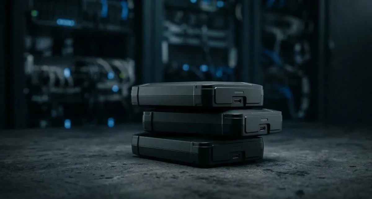 Trois disques durs externes empilés devant un serveur — illustration sauvegarde informatique PME