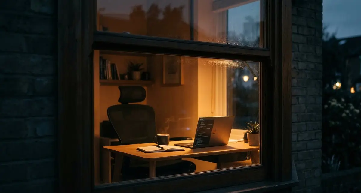 Espace de travail à domicile vu à travers une fenêtre le soir — télétravail sécurisé PME